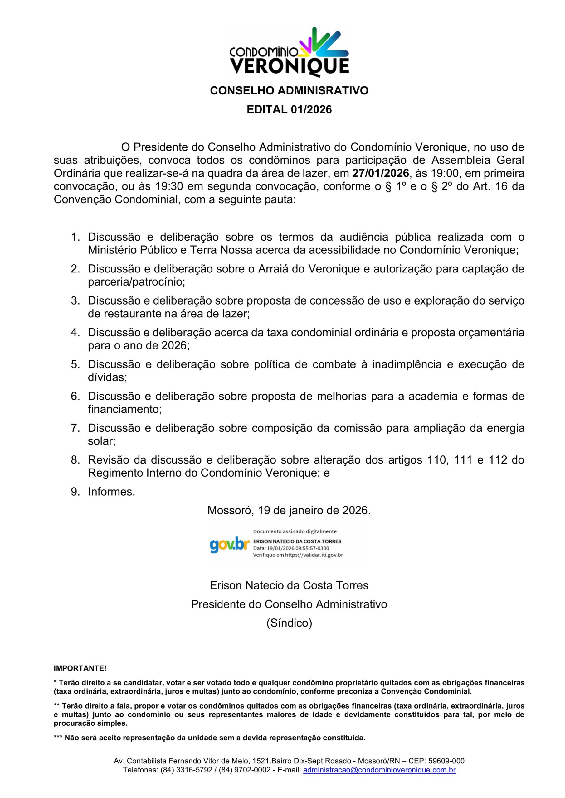 CONDOMINIO VERONIQUE – CONSELHO ADMINISTRATIVO – EDITAL 01/2026
