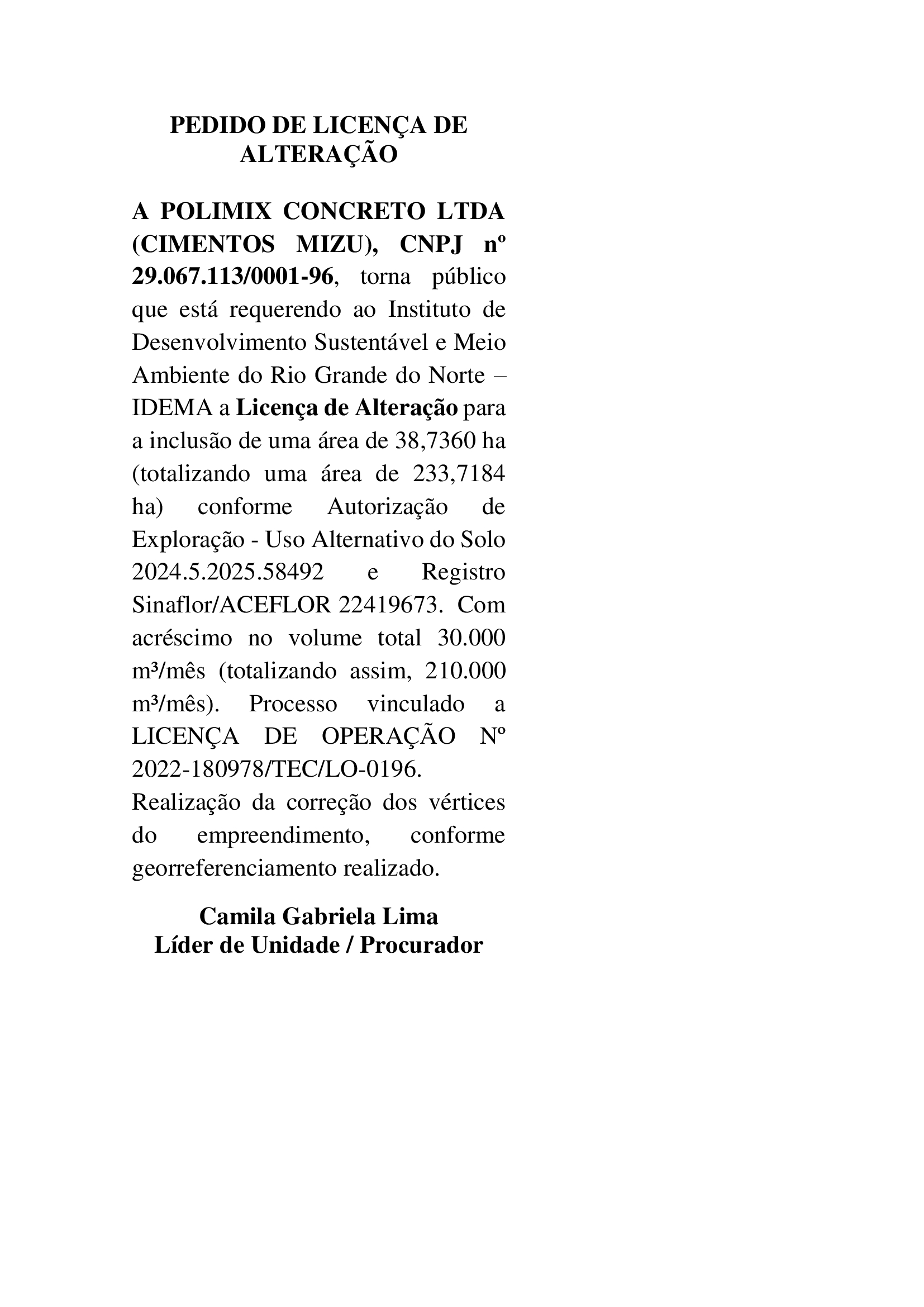 PEDIDO DE LICENÇA DE ALTERAÇÃO – A POLIMIX CONCRETO LTDA